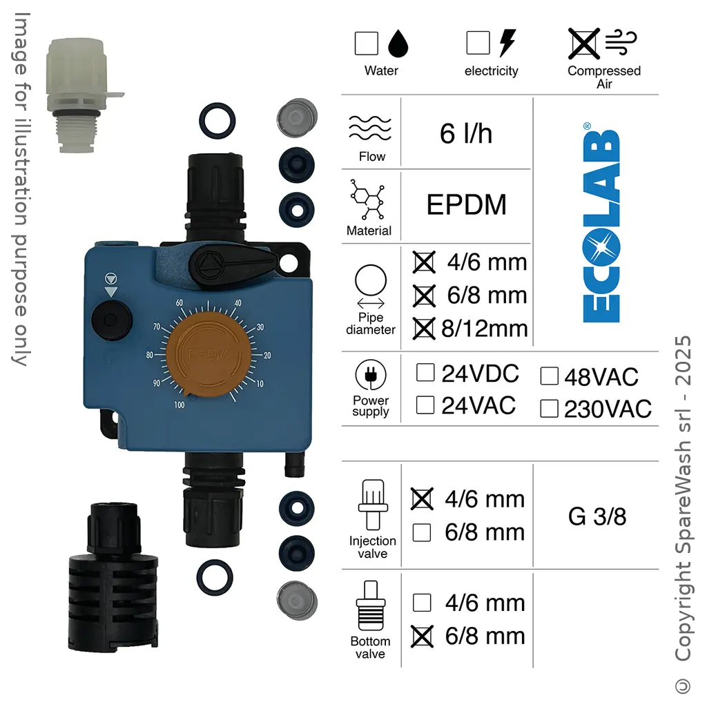 POMPE DOSEUSE PNEUMATIQUE 6L/H CONTRÔLE PNEUMATIQUE EPDM + SOUPAPE D'INJECTION 4/6 + SOUPAPE DE PIED 6/8