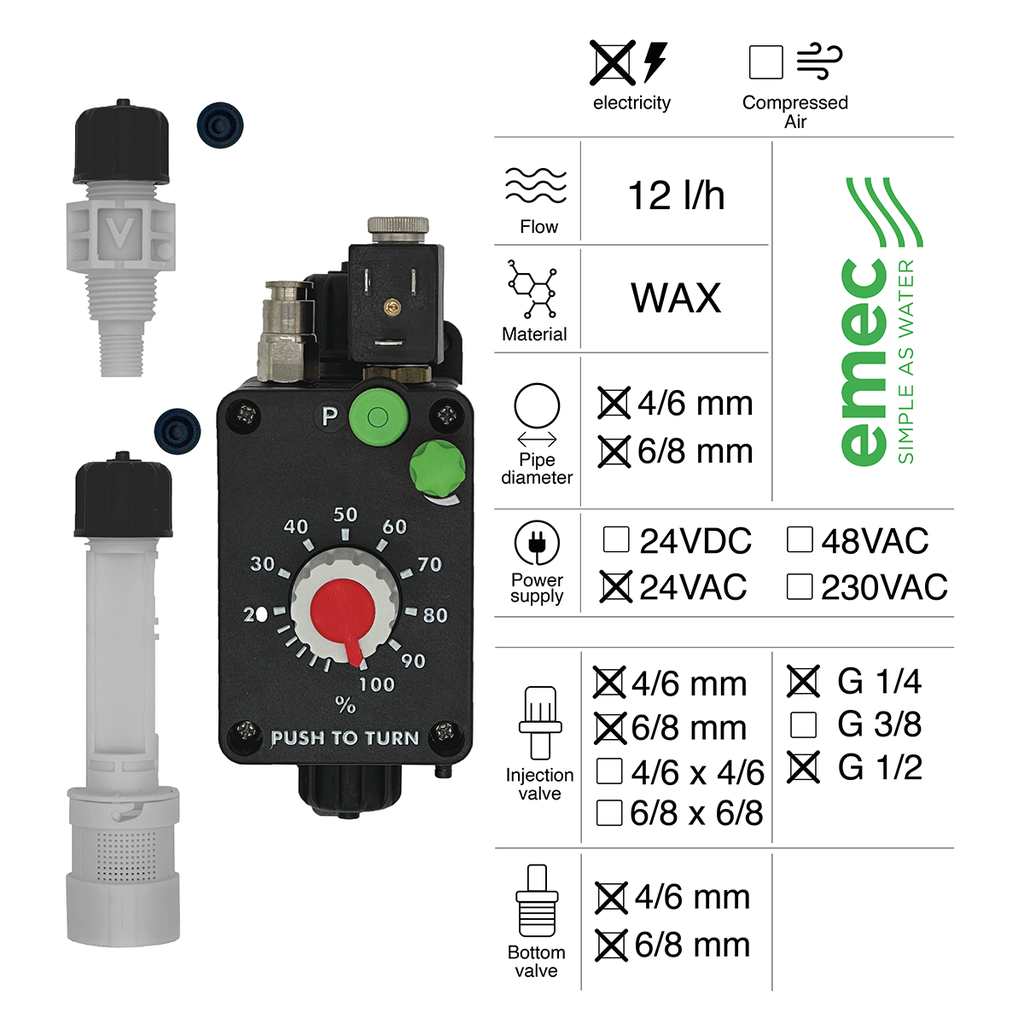 PNEUMATIC DOSING PUMP 12L/H 24VAC WAX + METERING VALVE G1/4 - G1/2 + BOTTOM VALVE