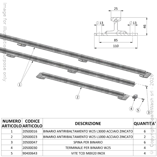 [20500061] KIT DE RAILS ANTI-BASCULEMENT W25 L10000 ACIER GALVANISÉ