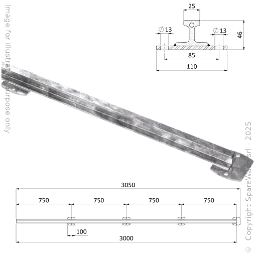 [20500016] CARRIL ANTIVUELCO W25 L3000 ACERO GALVANIZADO