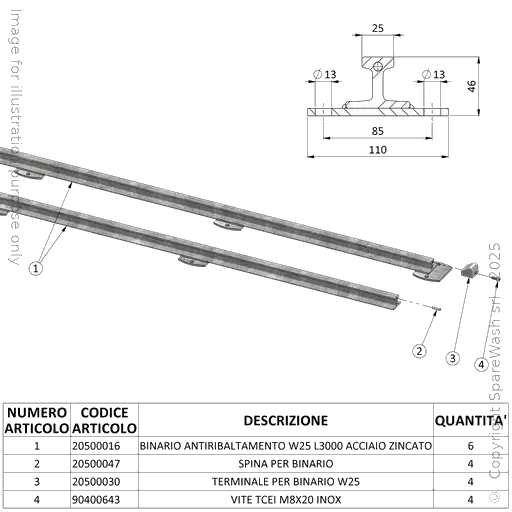 [20500054] KIT CARRILES ANTIVUELCO W25 L9000 ACERO GALVANIZADO