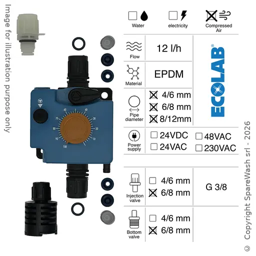 [40100166] POMPA DOSATRICE PNEUMATICA 12L/H COMANDO PNEUMATICO EPDM + INIEZIONE 6/8 + FONDO 6/8
