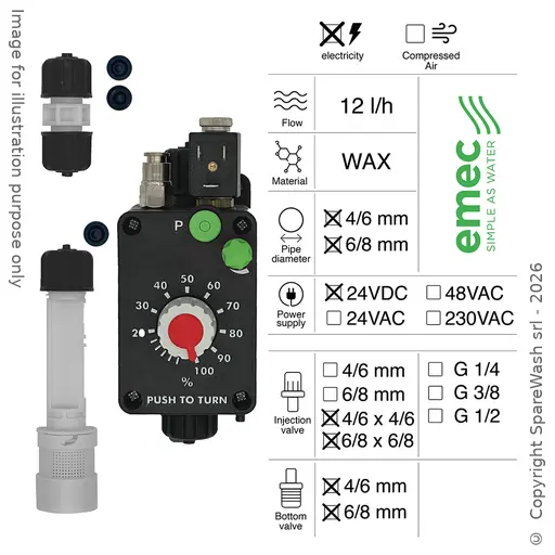 [40100449] POMPE DOSEUSE PNEUMATIQUE 12L/H 24VDC WAX + SOUPAPE D'INJECTION 6/8X6/8 + SOUPAPE DE PIED