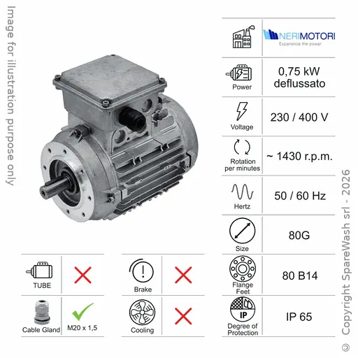 [10100011] MOTORE DEFLUSSATO 0,75KW 80G B14 4P 230-400V 50/60HZ IP65 SV