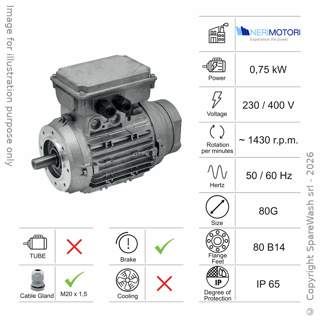 [10100202] MOTEUR AVEC FREIN 0,75KW 80G B14 4P 230-400V 50/60HZ IP65 SV