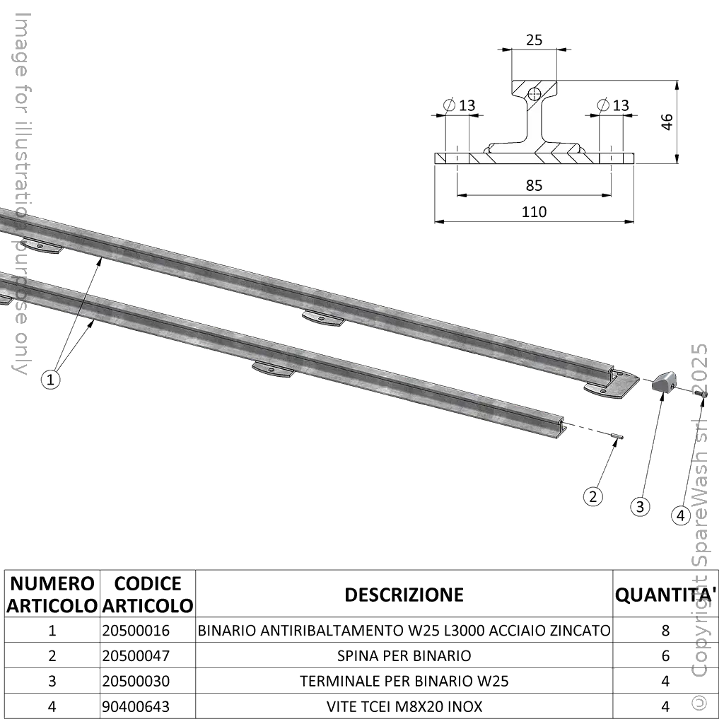 ANTI-TILT RAILS SET W25 L12000 GALVANIZED STEEL