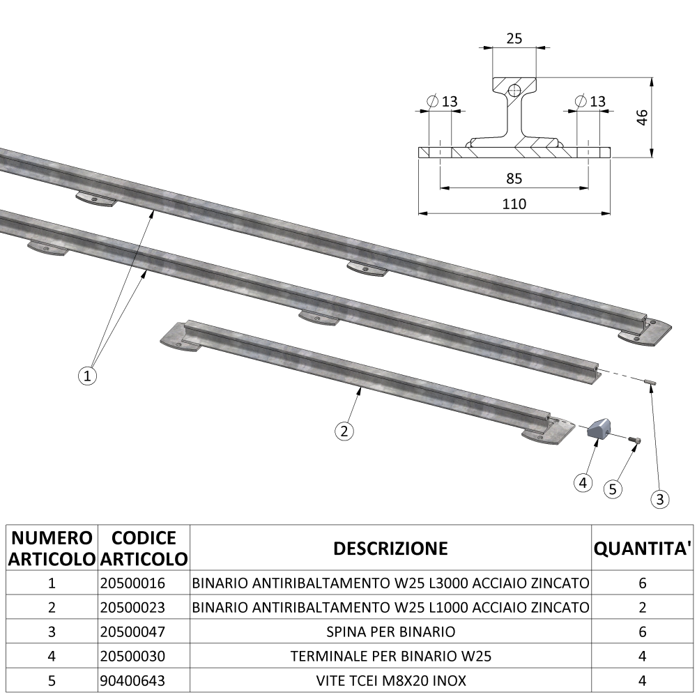 KIT CARRILES ANTIVUELCO W25 L10000 ACERO GALVANIZADO