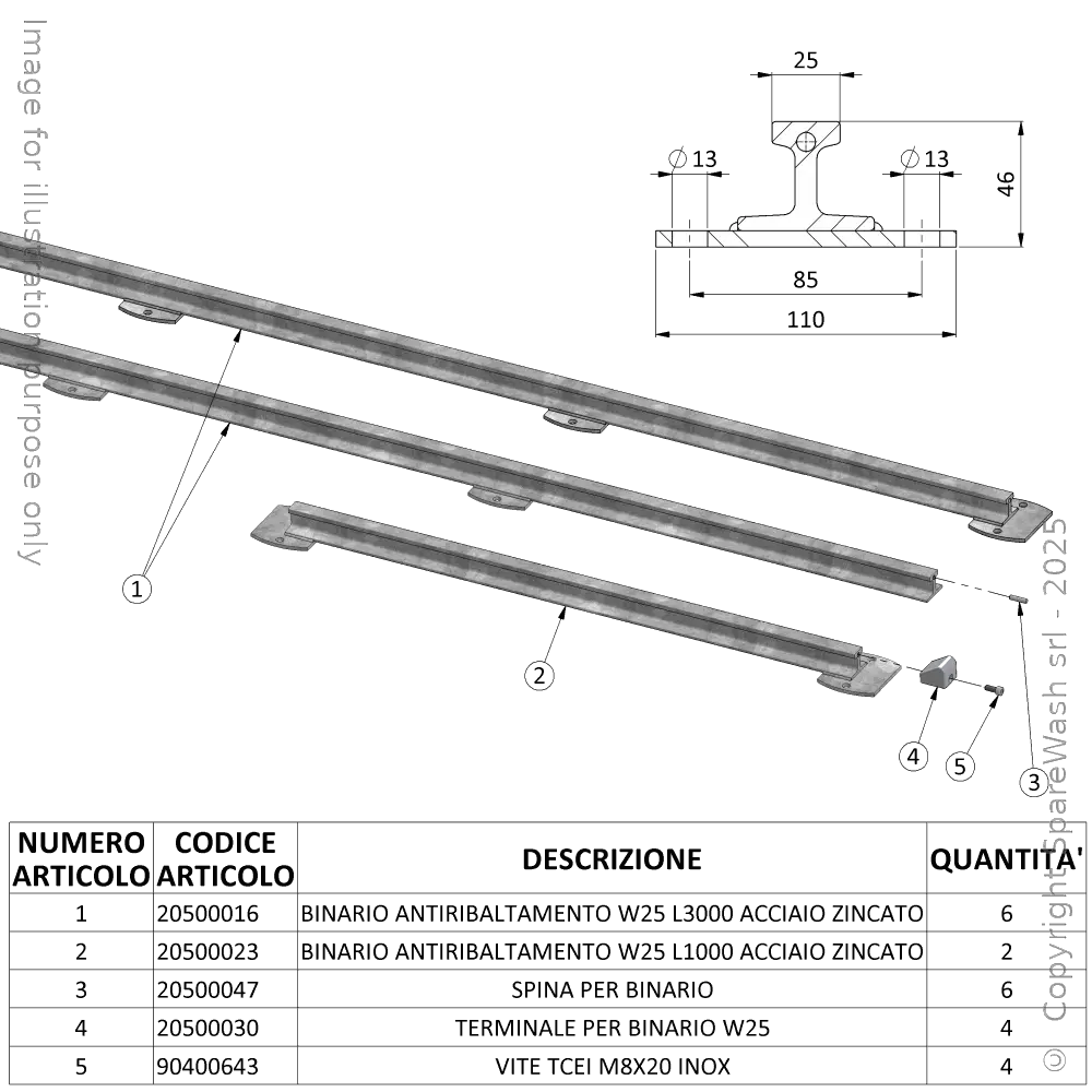 [20500061] KIT CARRILES ANTIVUELCO W25 L10000 ACERO GALVANIZADO