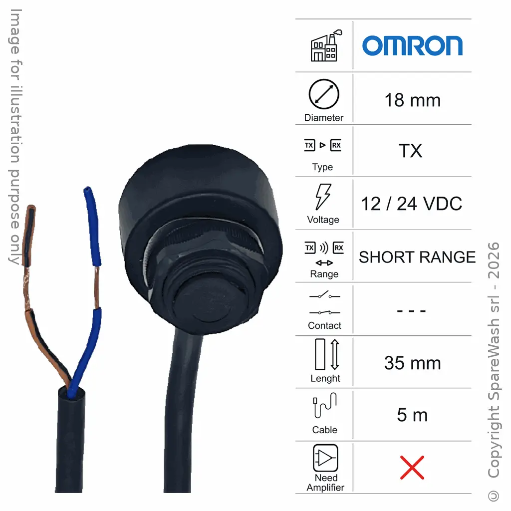 PHOTOCELLULE ÉMETTRICE M18 L35 - CÂBLE 5M - COURTE PORTÉE 12/24VDC