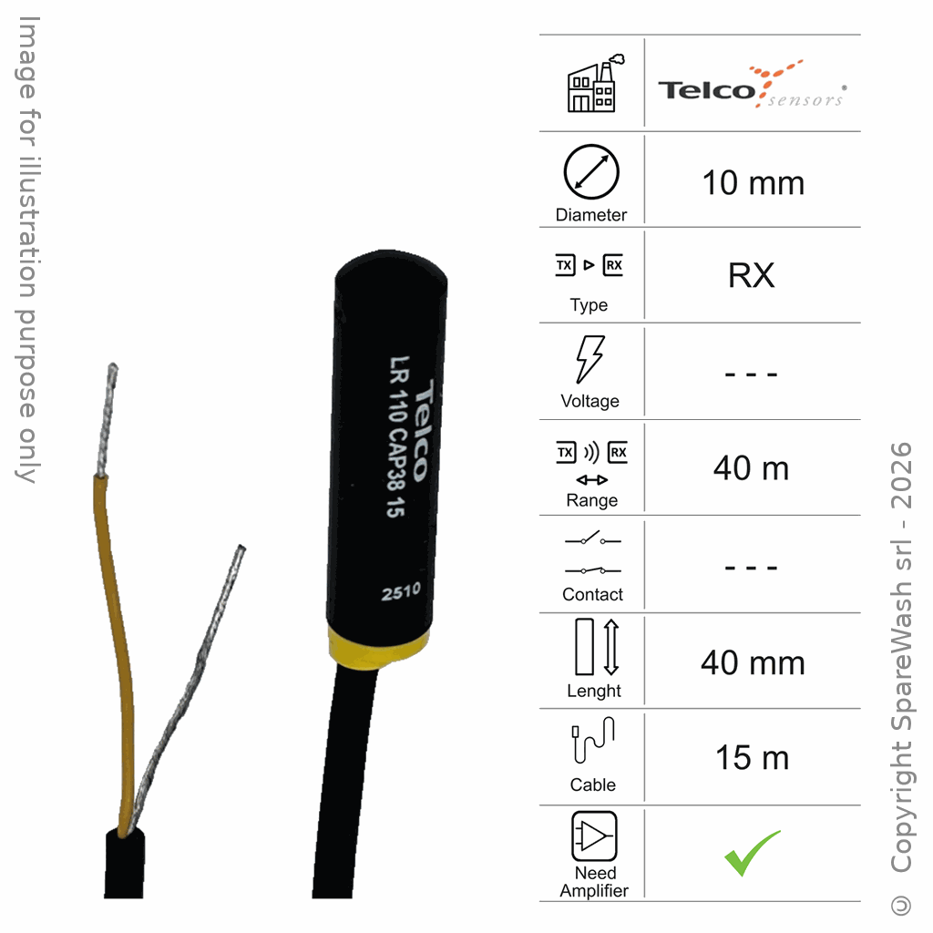 PHOTOCELLULE RÉCEPTRICE D10 L40 - CÂBLE 15M - PORTÉE 40M - NPN AMP