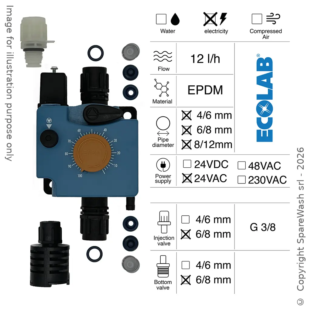 POMPE DOSEUSE PNEUMATIQUE 12L/H 24VAC EPDM + SOUPAPE D'INJECTION 6/8 + SOUPAPE DE PIED 6/8