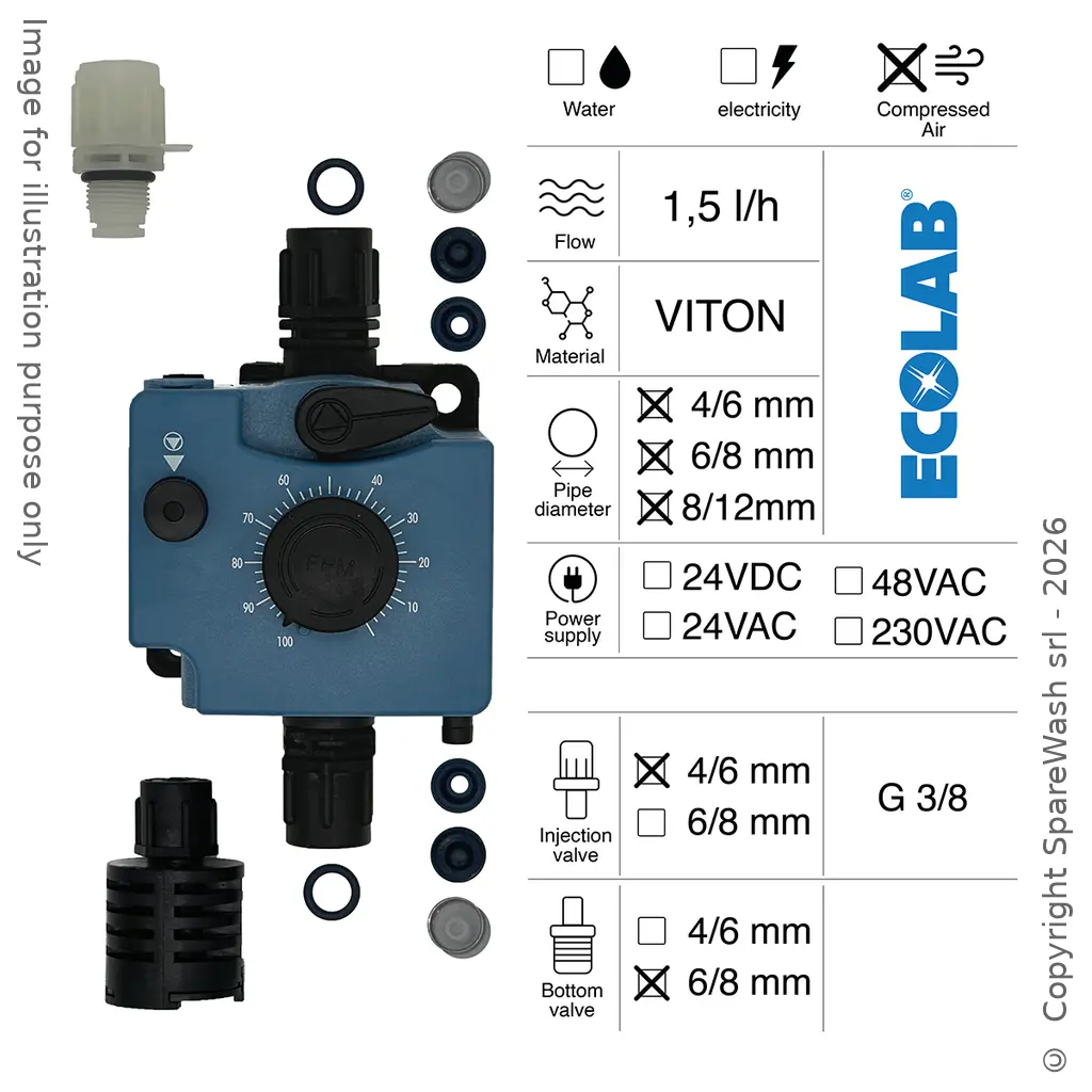 BOMBA DOSIFICADORA NEUMÁTICA 1,5L/H CONTROL NEUMÁTICO VITON + VÁLVULA DE INYECCIÓN 4/6 + VÁLVULA DE PIE 6/8
