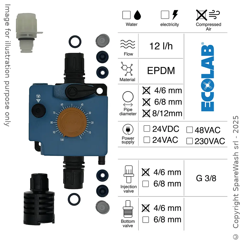 POMPE DOSEUSE PNEUMATIQUE 12L/H CONTRÔLE PNEUMATIQUE EPDM + SOUPAPE D'INJECTION 4/6 + SOUPAPE DE PIED 4/6
