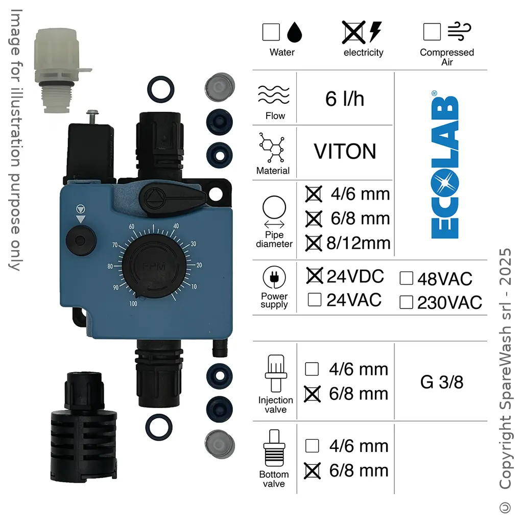 BOMBA DOSIFICADORA NEUMÁTICA 6L/H 24VDC VITON + VÁLVULA DE INYECCIÓN 6/8 + VÁLVULA DE PIE 6/8