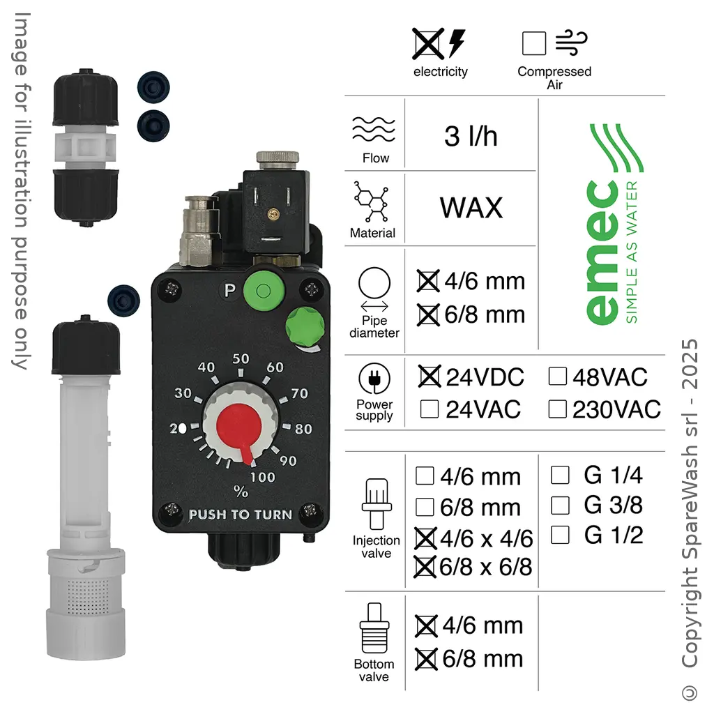 BOMBA DOSIFICADORA NEUMÁTICA 3L/H 24VDC WAX + VÁLVULA DE INYECCIÓN 6/8X6/8 + VÁLVULA DE PIE