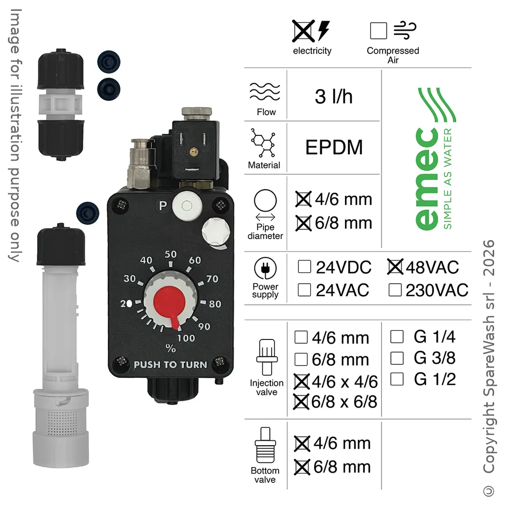 BOMBA DOSIFICADORA NEUMÁTICA 3L/H 48VAC EPDM + VÁLVULA DE INYECCIÓN 6/8X6/8 + VÁLVULA DE PIE