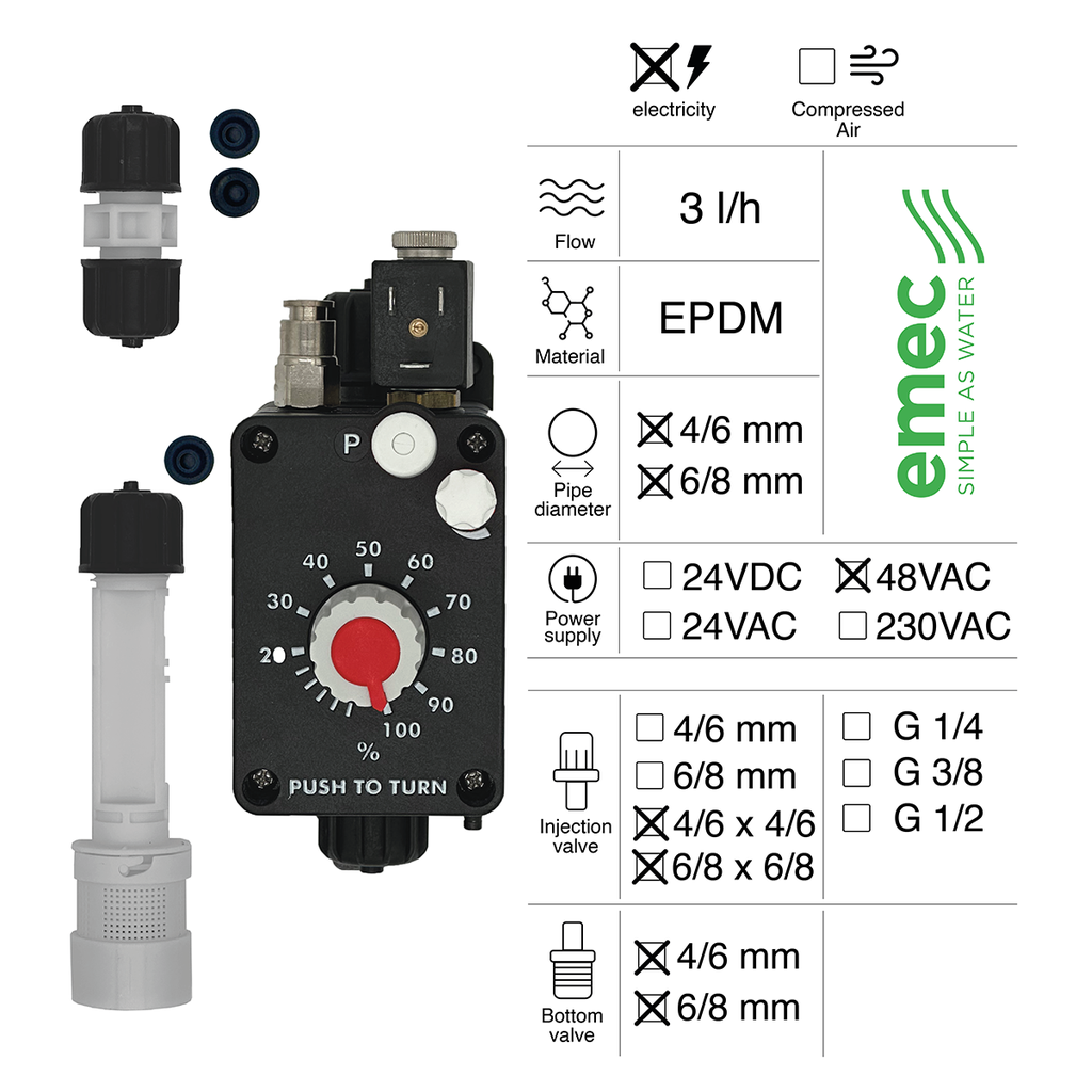 POMPA DOSATRICE PNEUMATICA 3L/H 48VAC EPDM + INIEZIONE 6/8X6/8 + FONDO