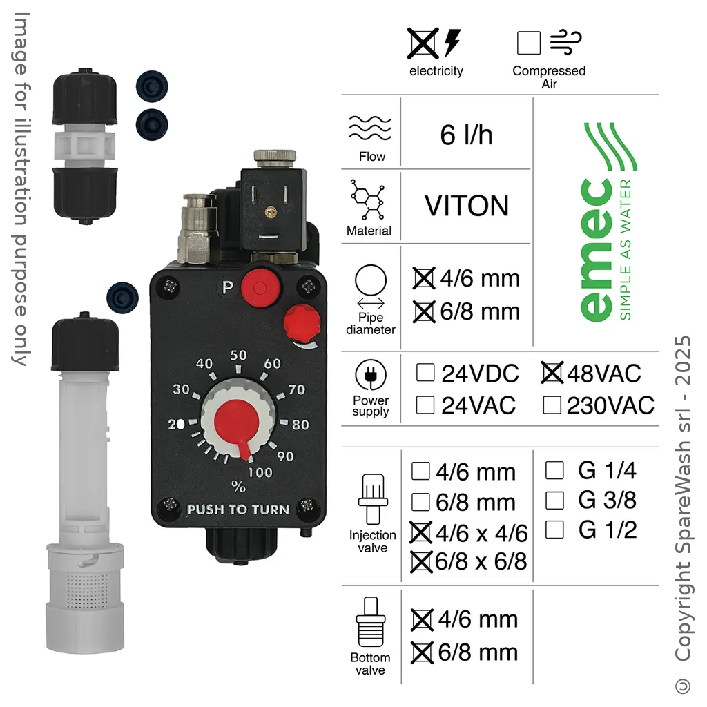 BOMBA DOSIFICADORA NEUMÁTICA 6L/H 48VAC VITON + VÁLVULA DE INYECCIÓN 6/8X6/8 + VÁLVULA DE PIE