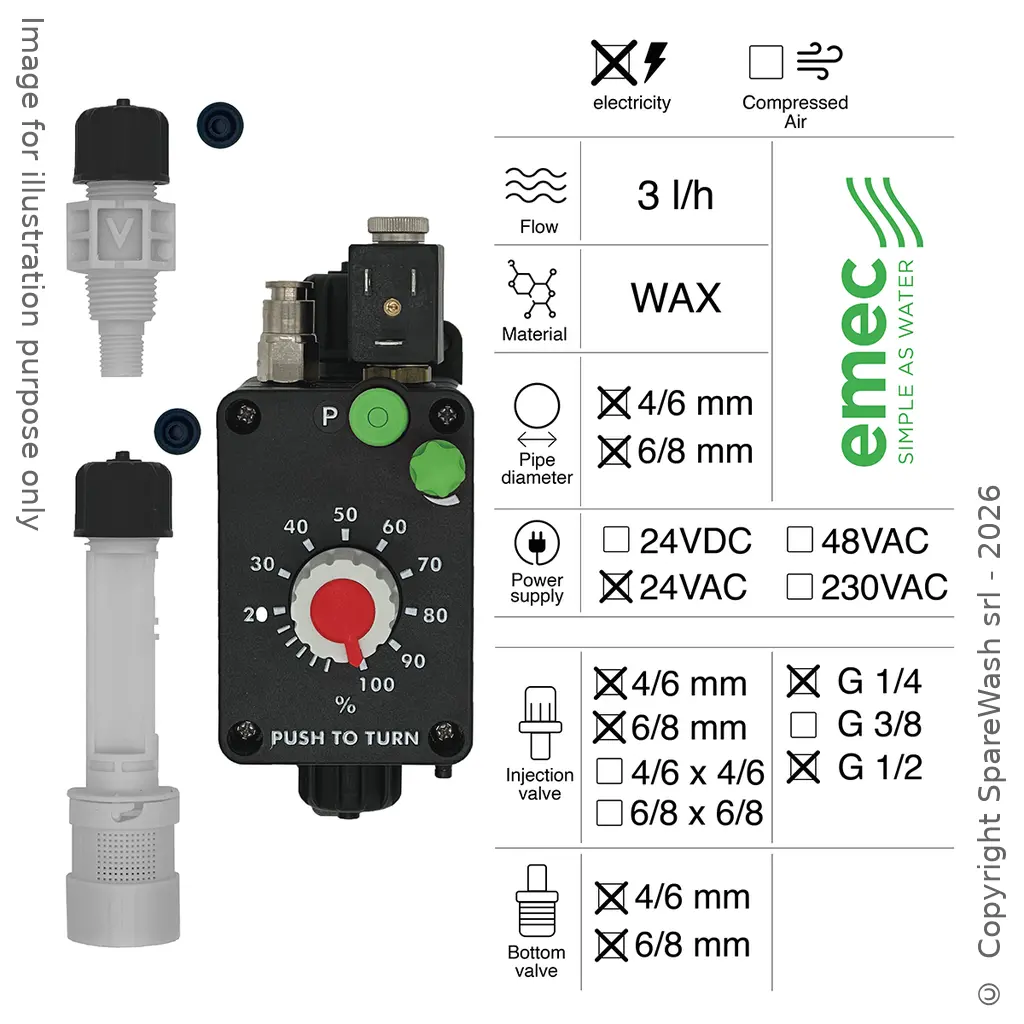 BOMBA DOSIFICADORA NEUMÁTICA 3L/H 24VAC WAX + VÁLVULA DE INYECCIÓN G1/4 - G1/2 + VÁLVULA DE PIE