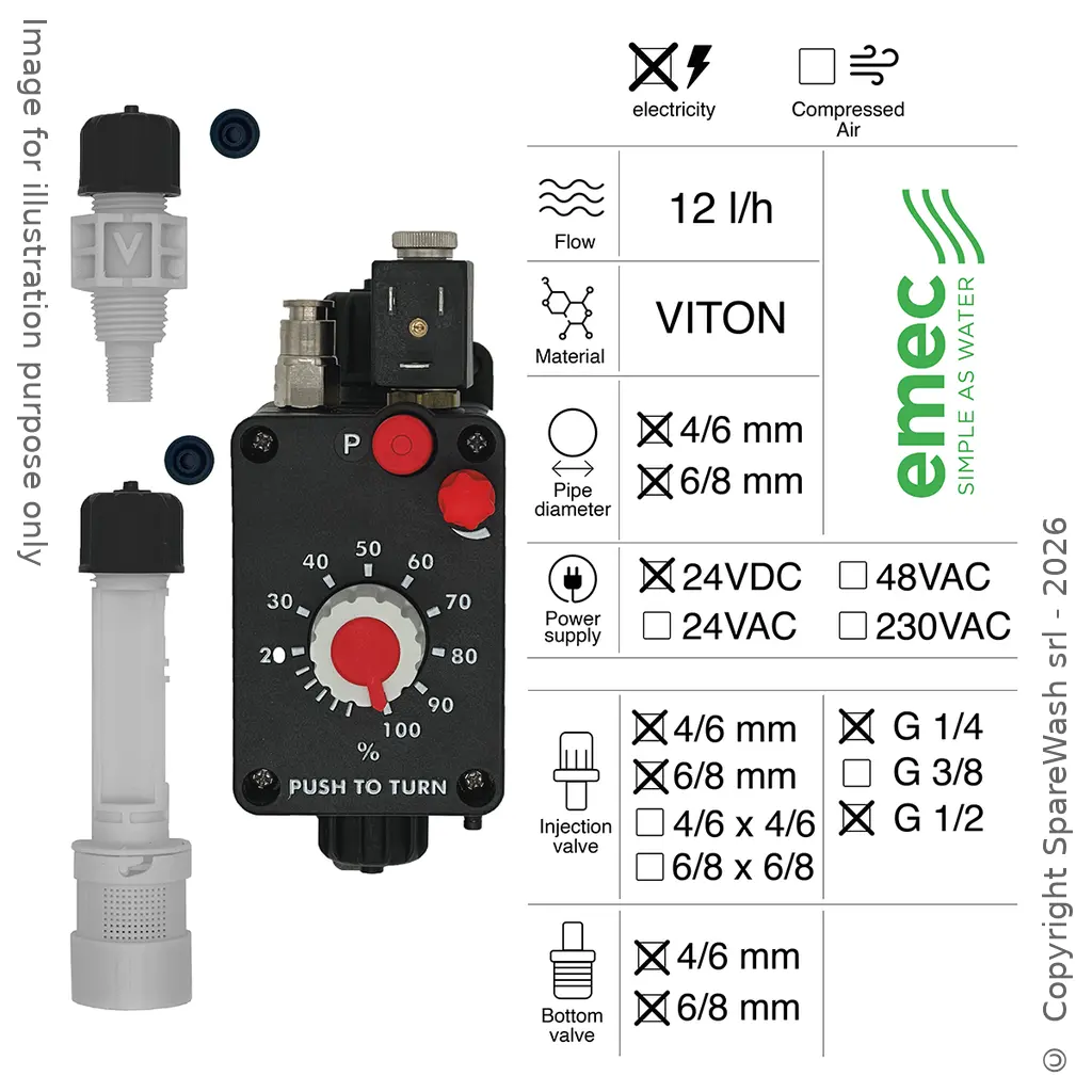 BOMBA DOSIFICADORA NEUMÁTICA 12L/H 24VDC VITON + VÁLVULA DE INYECCIÓN G1/4 - G1/2 + VÁLVULA DE PIE