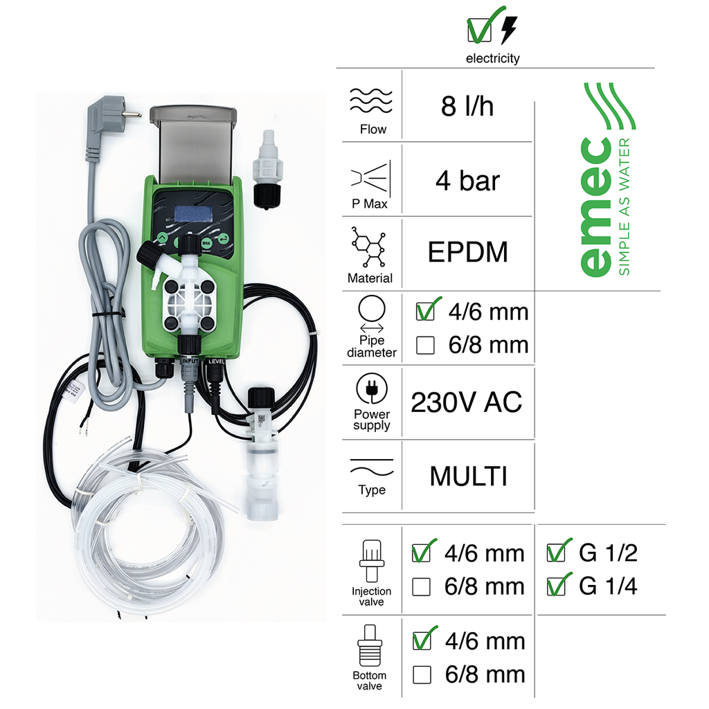BOMBA DOSIFICADORA ELÉCTRICA MULTIFUNCIONAL 8L/H 4BAR 230VAC EPDM