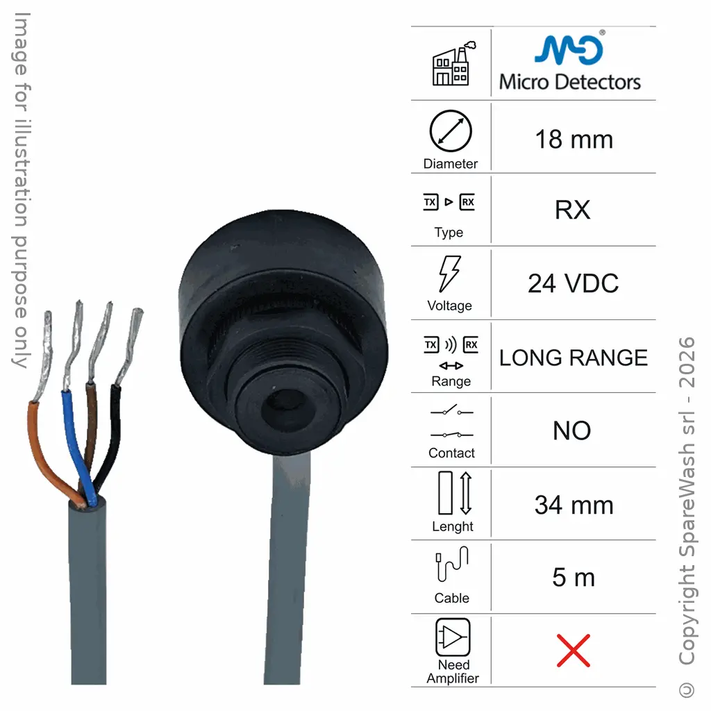 PHOTOCELLULE RÉCEPTRICE M18 L34 - CÂBLE 5M - LONGUE PORTÉE 24VDC
