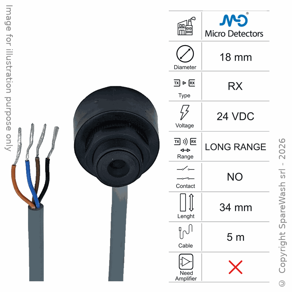 [10400234] RECEIVER PHOTOCELL M18 L34 - CABLE 5M - LONG-RANGE 24VDC