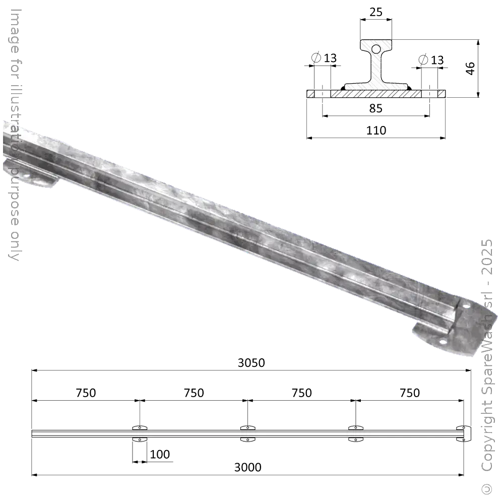 [20500016] CARRIL ANTIVUELCO W25 L3000 ACERO GALVANIZADO
