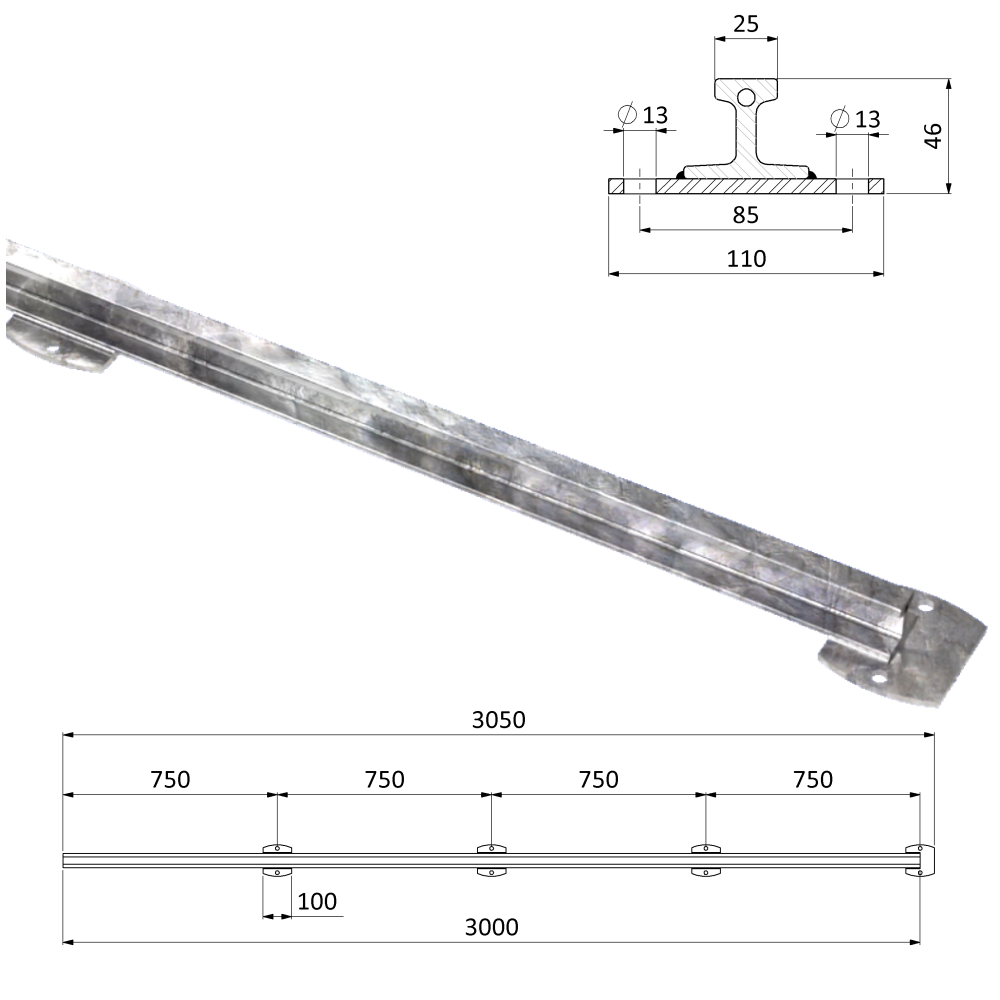 KIPPSCHUTZSCHIENE W25 L3000 VERZINKTER STAHL