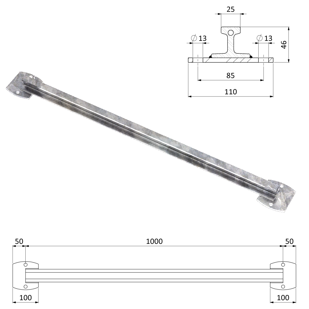 KIPPSCHUTZSCHIENE W25 L1000 VERZINKTER STAHL