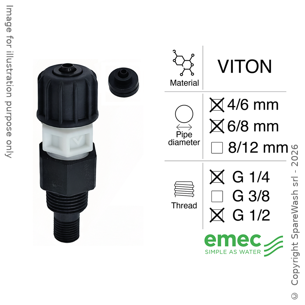 [40300511] VALVOLA INIEZIONE G1/4 - G1/2 TUBO 4/6 - 6/8 VITON