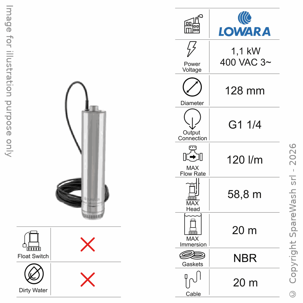 [60100047] SUBMERSIBLE CLEAR WATER PUMP LOWARA 5SC6/11/5 1,1KW 400V