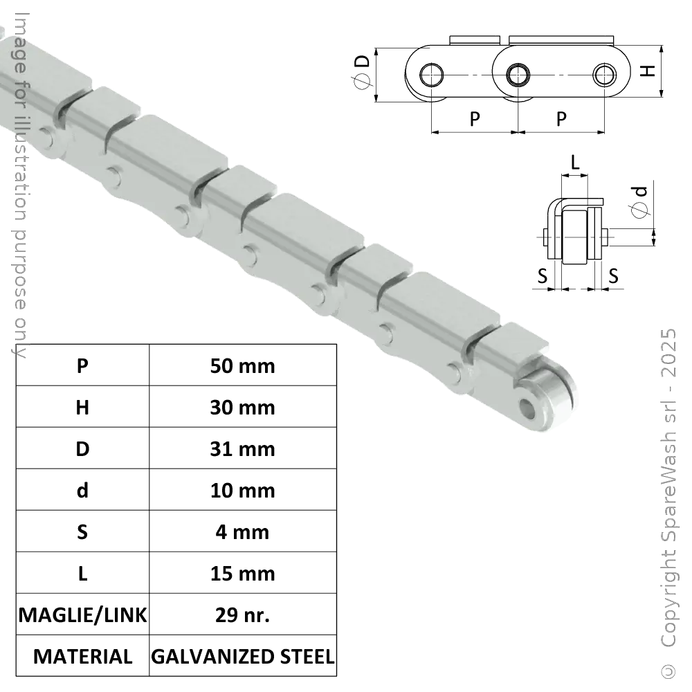 [20700157] ROLLENKKETTE MIT ANGEHOBENEN PLATTEN P50 D31 H25 - 29 KETTEVERBINDUNGEN