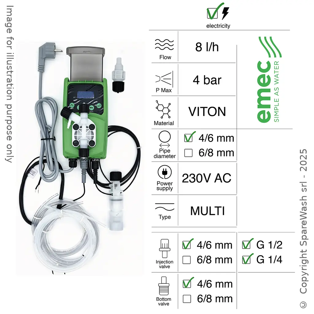 BOMBA DOSIFICADORA ELÉCTRICA MULTIFUNCIONAL 8L/H 4BAR 230VAC VITON