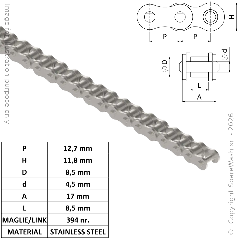 SINGLE ROLLER CHAIN (ISO 08 B1) 1/2X5/16 STAINLESS STEEL L5000
