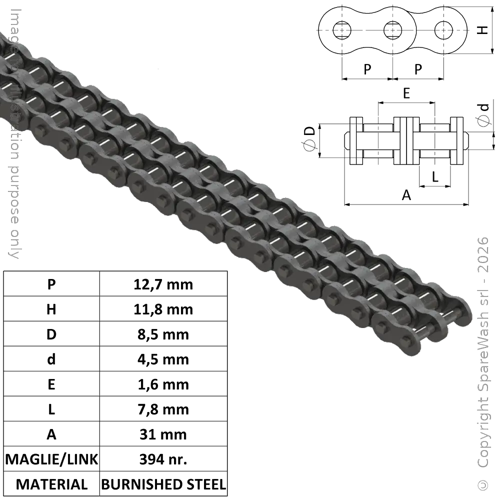 DOUBLE ROLLER CHAIN (ISO 08 B2) 1/2X5/16 STEEL L5000