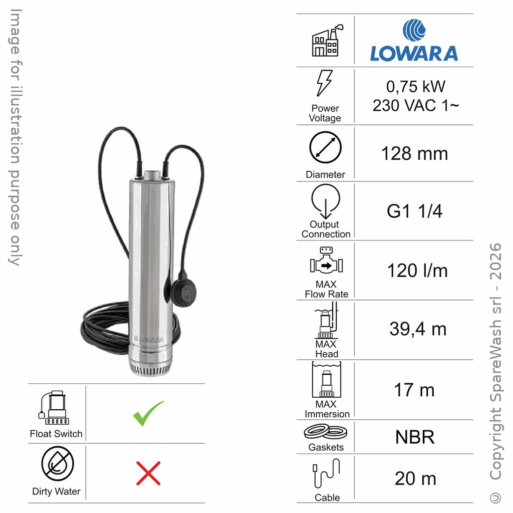 POMPA SOMMERSA ACQUE CHIARE LOWARA 5SC4/07/5 0,75KW 230V
