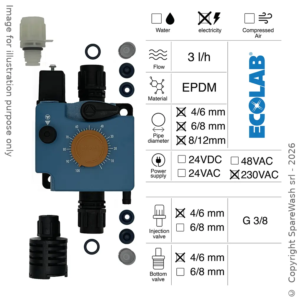 BOMBA DOSIFICADORA NEUMÁTICA 3L/H 230VAC EPDM + VÁLVULA DE INYECCIÓN 4/6 + VÁLVULA DE PIE 4/6