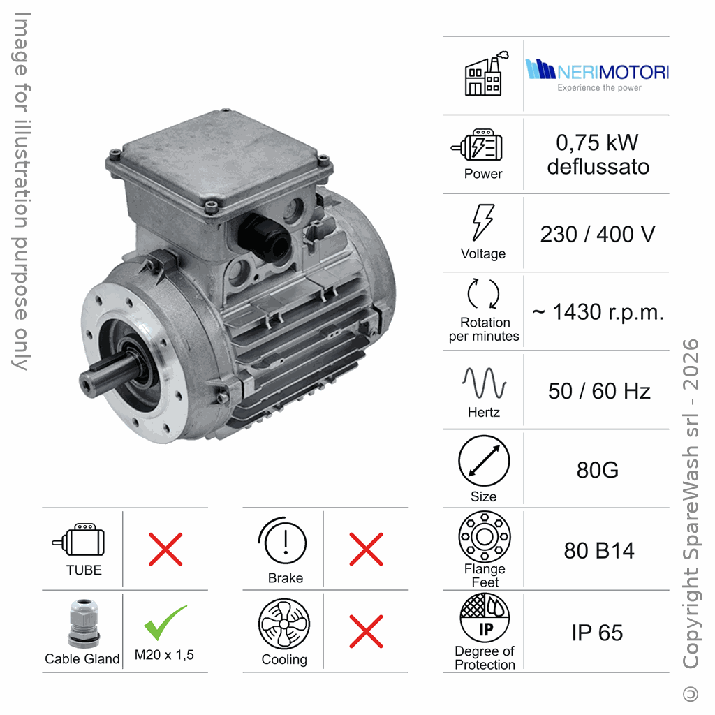 [10100011] SPECIAL MOTOR 0,75KW 80G B14 4P 230-400V 50/60HZ IP65 SV