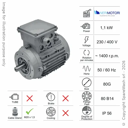 [10100158] MOTORE 1,1KW 80G B14 4P 230-400V 50/60HZ IP56 SV