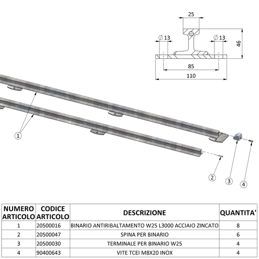 [20500078] KIPPSCHUTZSCHIENENSATZ W25 L12000 VERZINKTER STAHL