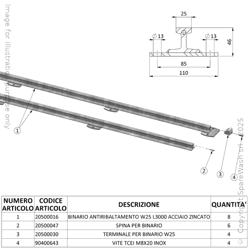 [20500078] KIT CARRILES ANTIVUELCO W25 L12000 ACERO GALVANIZADO