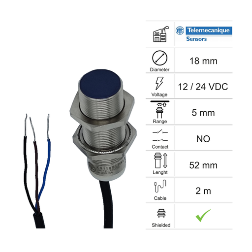 [10300152] SENSORE INDUTTIVO D18 L52 NO - CAVO 2M - 5MM PNP 12/24VDC - [FINO AD ESAURIMENTO SCORTE]