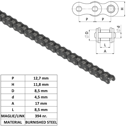 [20700102] CATENA A RULLI SEMPLICE (ISO 08 B1) 1/2X5/16 ACCIAIO L5000