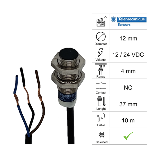 [10300046] SENSORE INDUTTIVO D12 L37 NC - CAVO 10M - 4MM PNP 12/24VDC