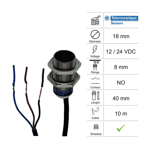 [10300060] INDUCTIVE SENSOR D18 L40 NO - CABLE 10M - 8MM PNP 12/24VDC