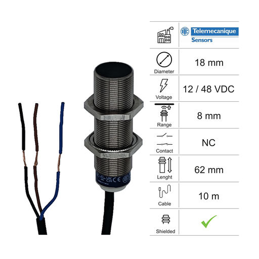 [10300077] INDUCTIVE SENSOR D18 L62 NC - CABLE 10M - 8MM PNP 12/48VDC
