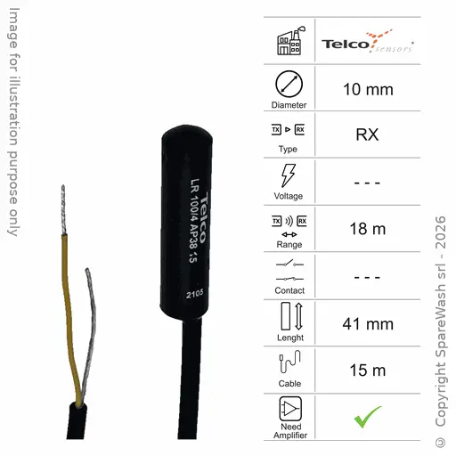 [10400067] PHOTOCELLULE RÉCEPTRICE D10 L41 - CÂBLE 15M - PORTÉE 18M - NPN AMP