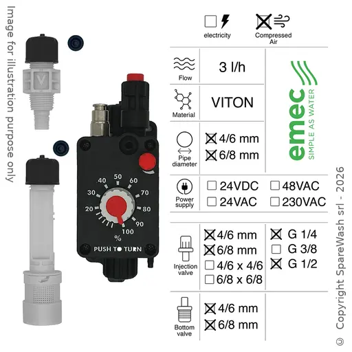 [40100722] POMPE DOSEUSE PNEUMATIQUE 3L/H CONTRÔLE PNEUMATIQUE VITON + SOUPAPE D'INJECTION G1/4 - G1/2 + SOUPAPE DE PIED