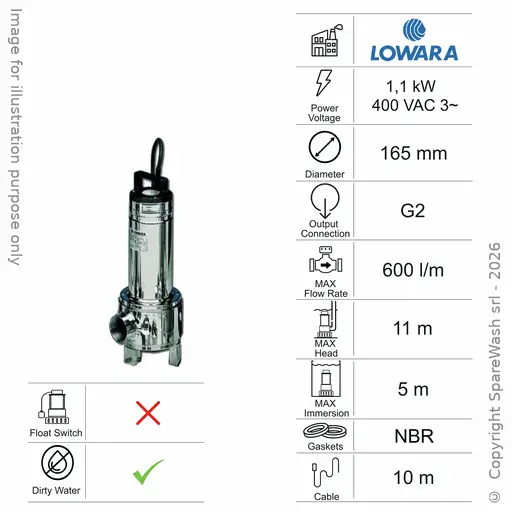 [60100375] POMPE SUBMERSIBLE POUR EAUX USÉES LOWARA DOMO 15 1,1KW 400V